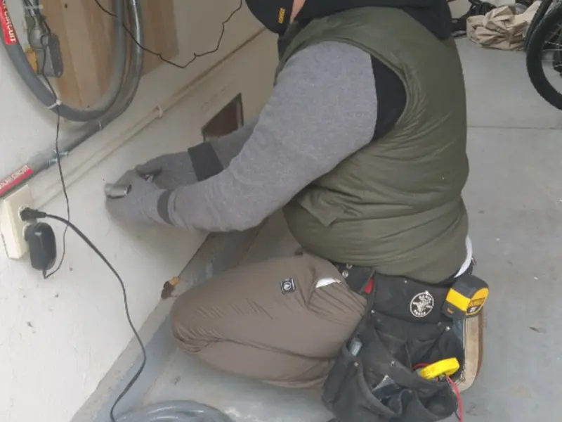 Electrician performing outlet wiring in a Emmaus garage